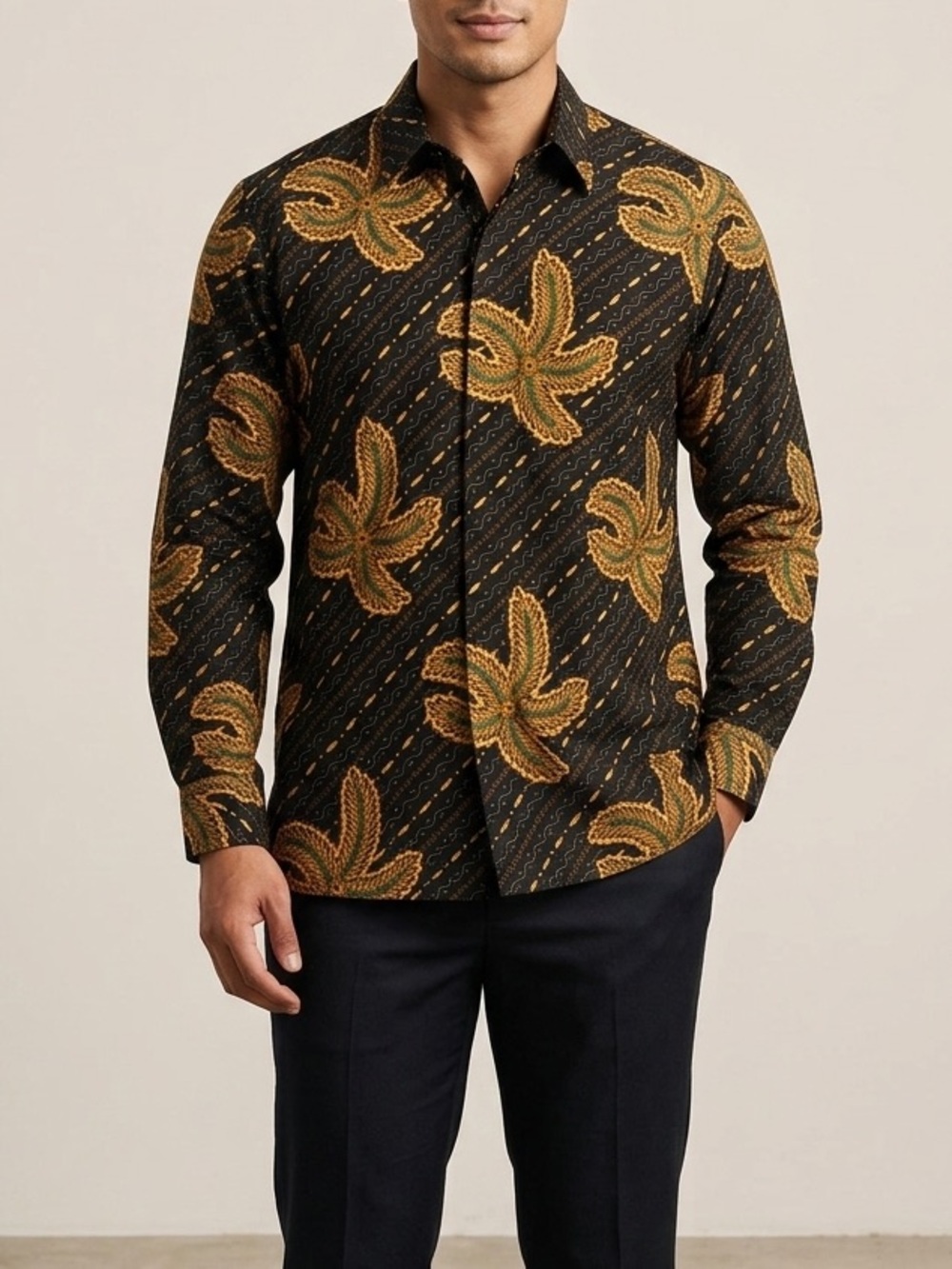 Men's Black and Gold Starfish Printed Button-Down Long-Sleeve Shirt Size Medium